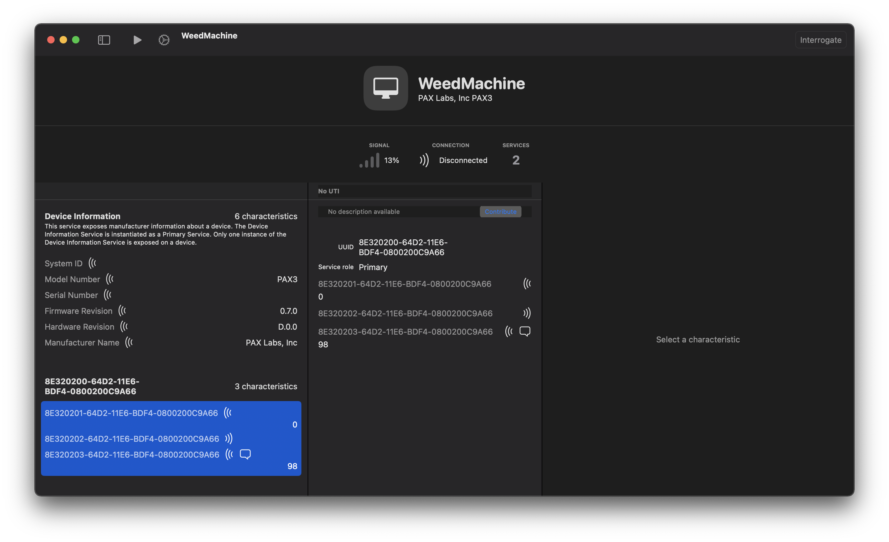 Screenshot of a Bluetooth scanner showing services advertised by a Pax 3 device