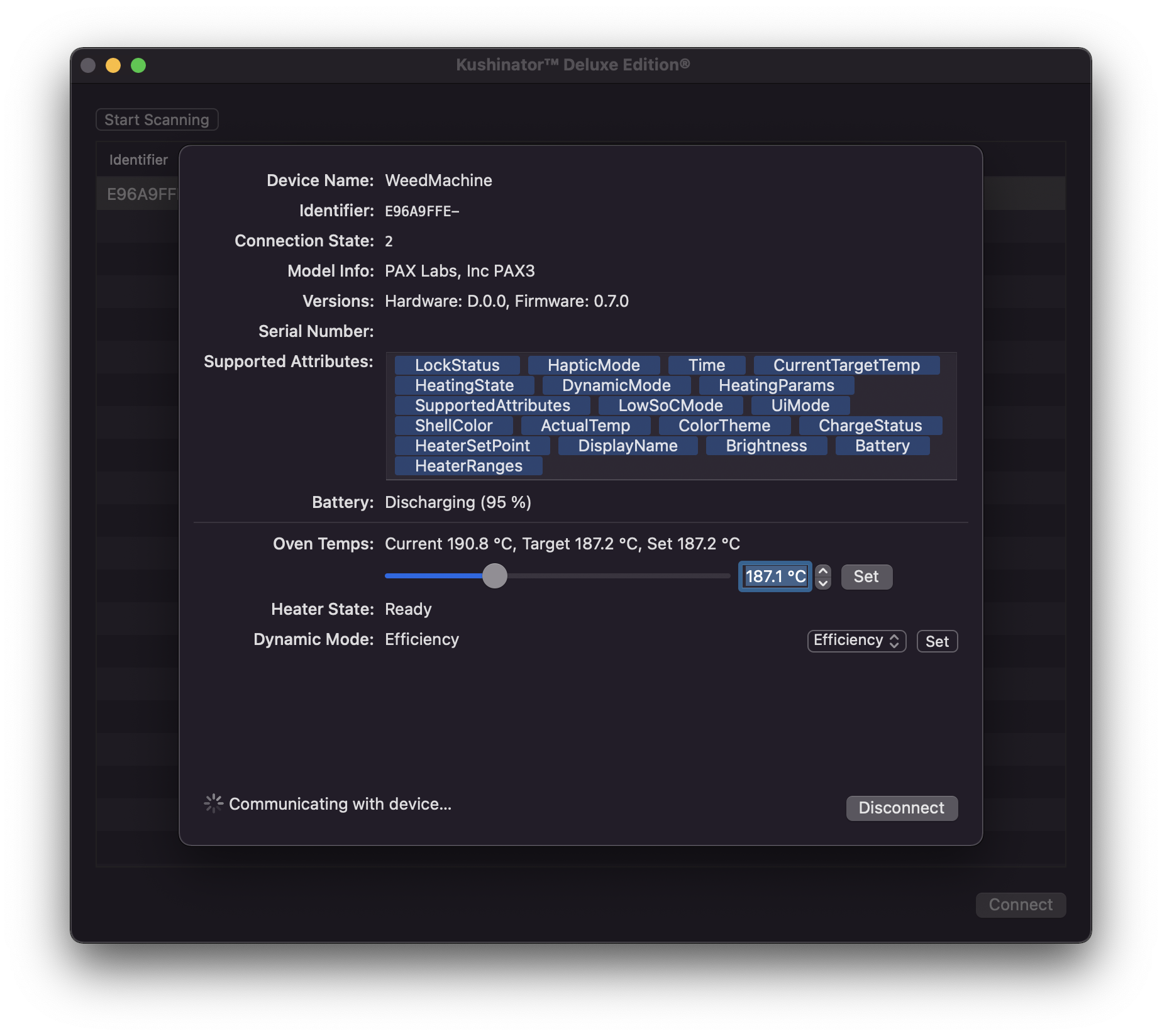 Screenshot of the proof of concept Mac app connected to and controlling a Pax 3