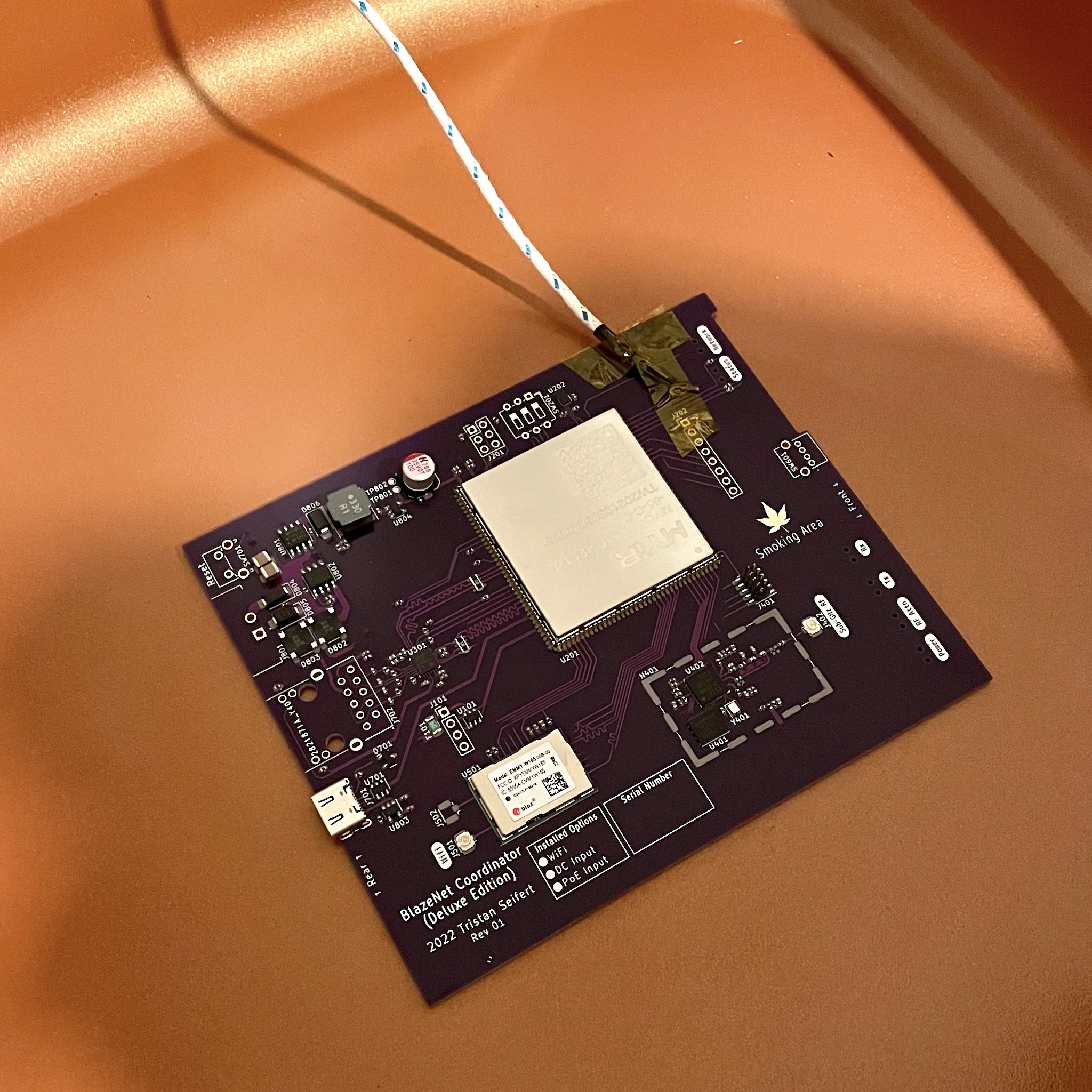 Stuffed board, with thermometer, placed in skillet