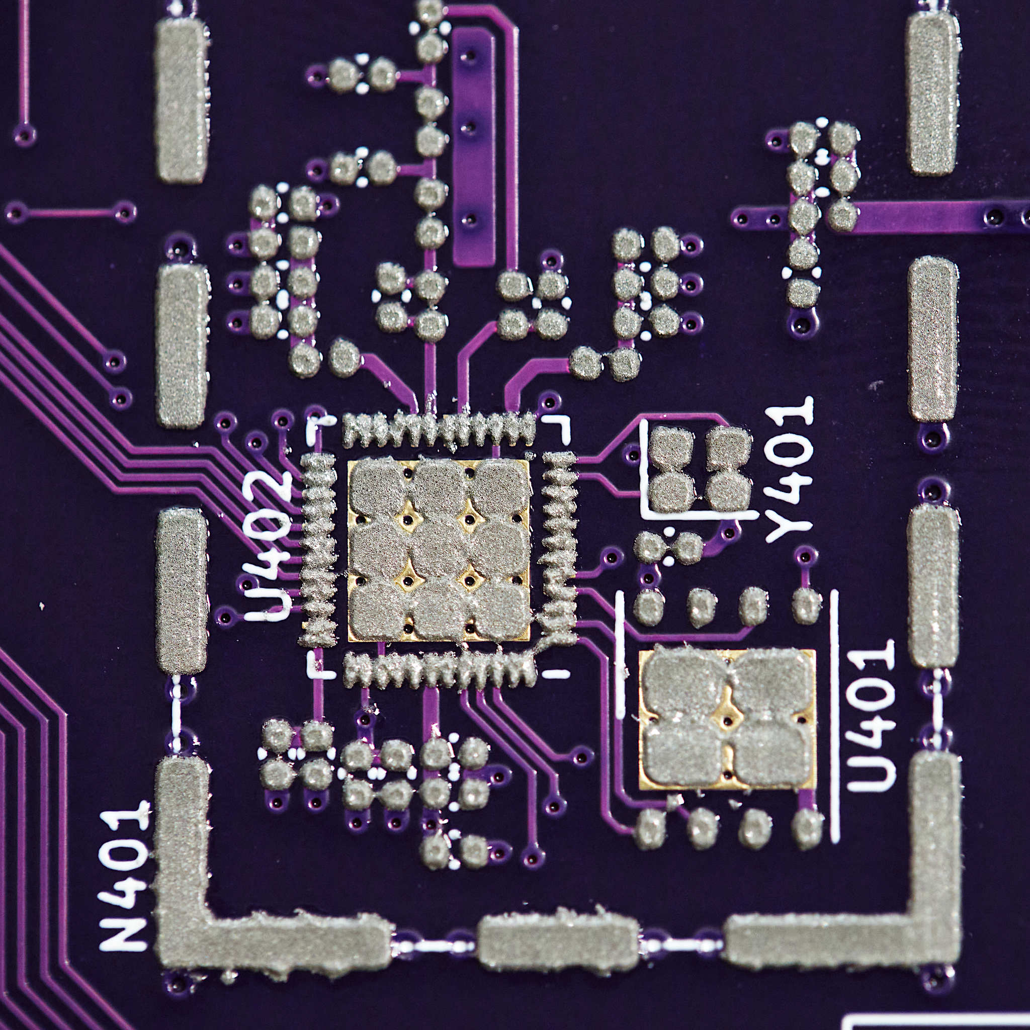 Solder paste deposition on a circuit board, before placing parts and soldering.